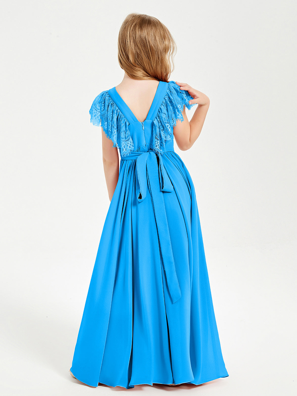 Chiffon Junior Bridesmaid Dresses with Lace Flutter Sleeves Ocean Blue